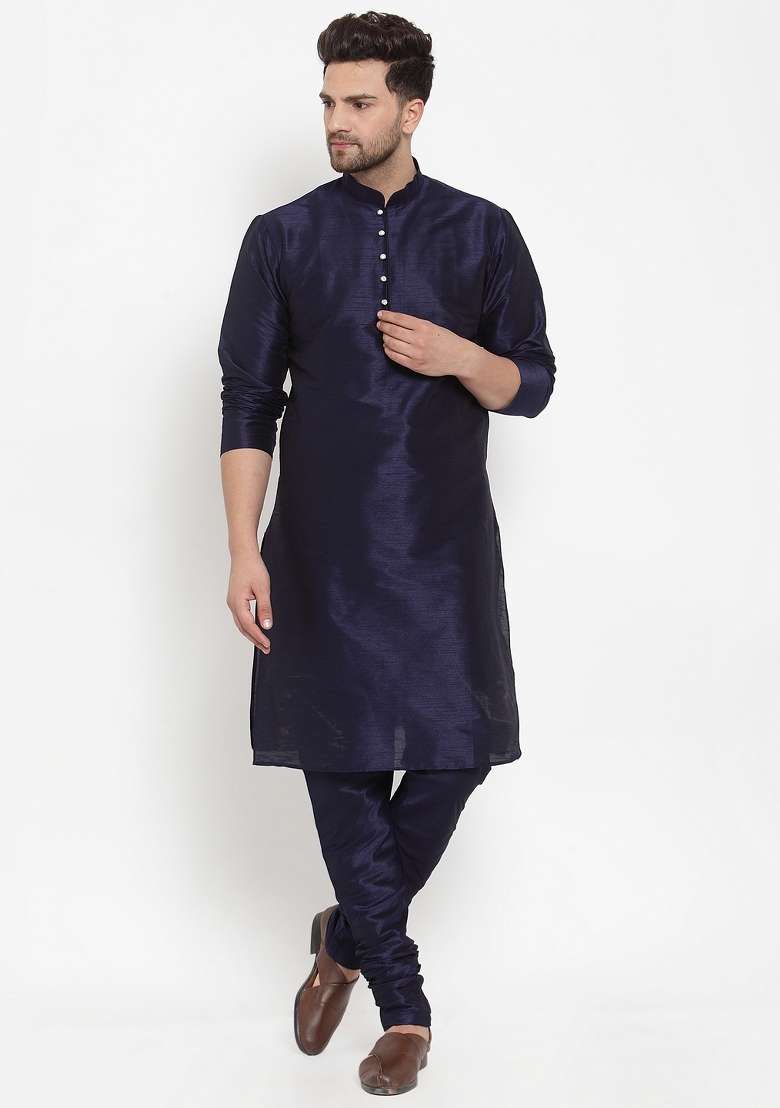 Navy Blue Solid Dupion Silk Blend Kurta Set For Men - Indya