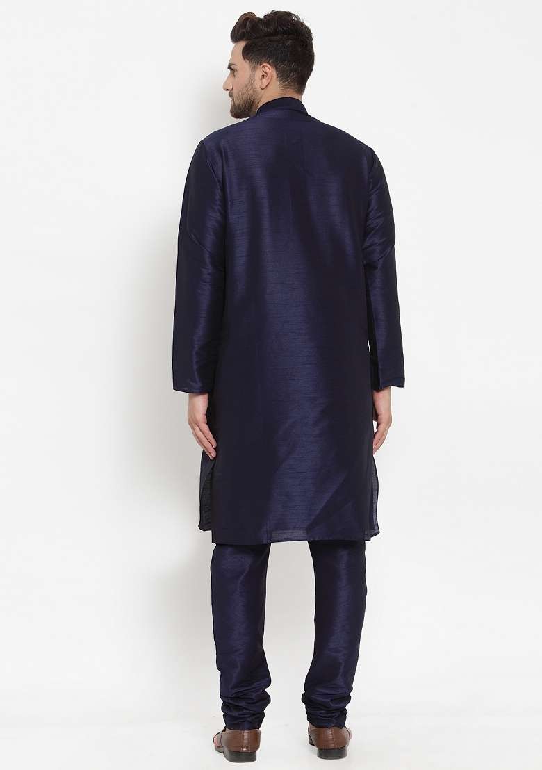 Navy Blue Solid Dupion Silk Blend Kurta Set For Men - Indya