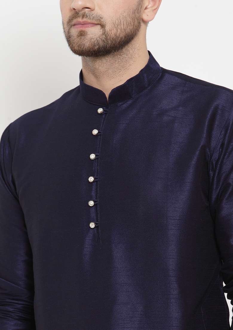 Navy Blue Solid Dupion Silk Blend Kurta Set For Men - Indya