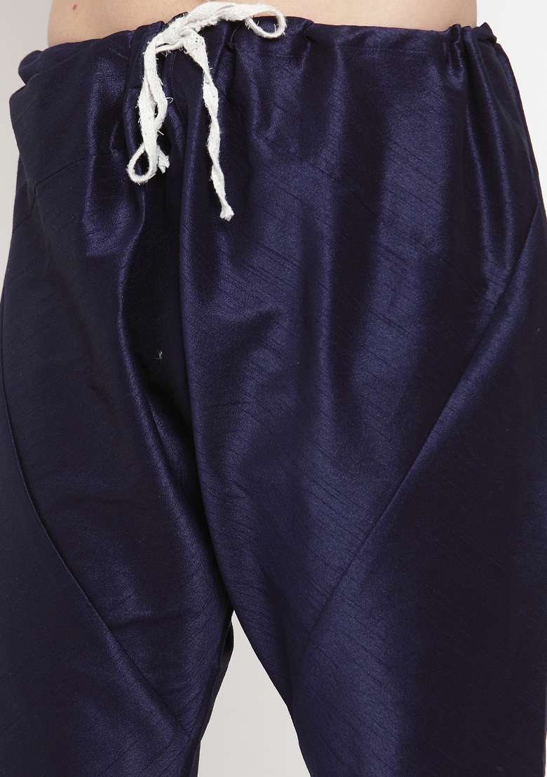 Navy Blue Solid Dupion Silk Blend Kurta Set For Men - Indya