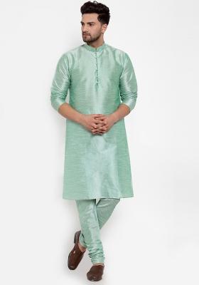 Sea Green Solid Dupion Silk Kurta Set For Men