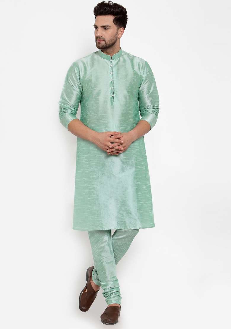 Sea Green Solid Dupion Silk Blend Kurta Set For Men - Indya