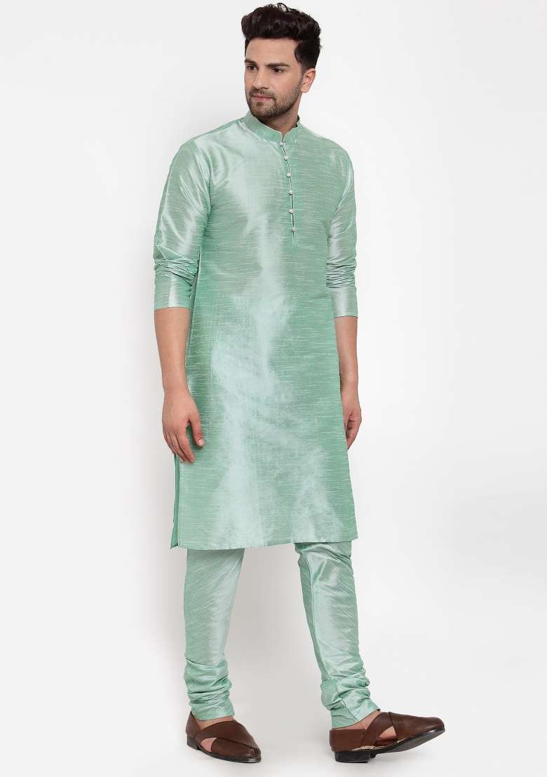 Sea Green Solid Dupion Silk Blend Kurta Set For Men - Indya