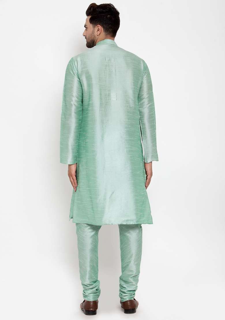 Sea Green Solid Dupion Silk Blend Kurta Set For Men - Indya