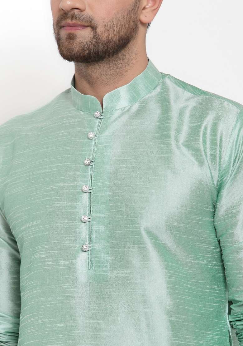 Sea Green Solid Dupion Silk Blend Kurta Set For Men - Indya