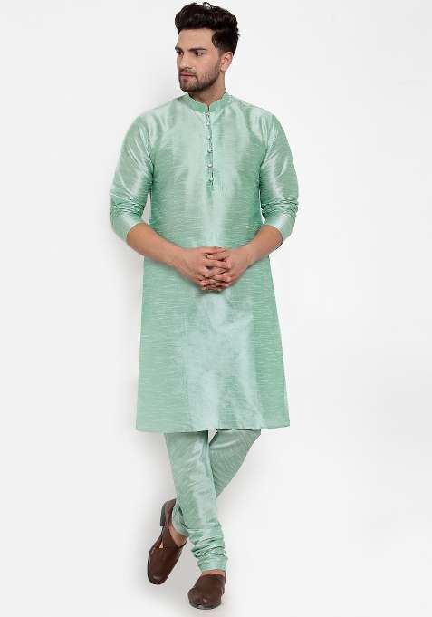 Sea Green Solid Dupion Silk Blend Kurta Set For Men