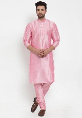 Pink Solid Dupion Silk Kurta Set For Men