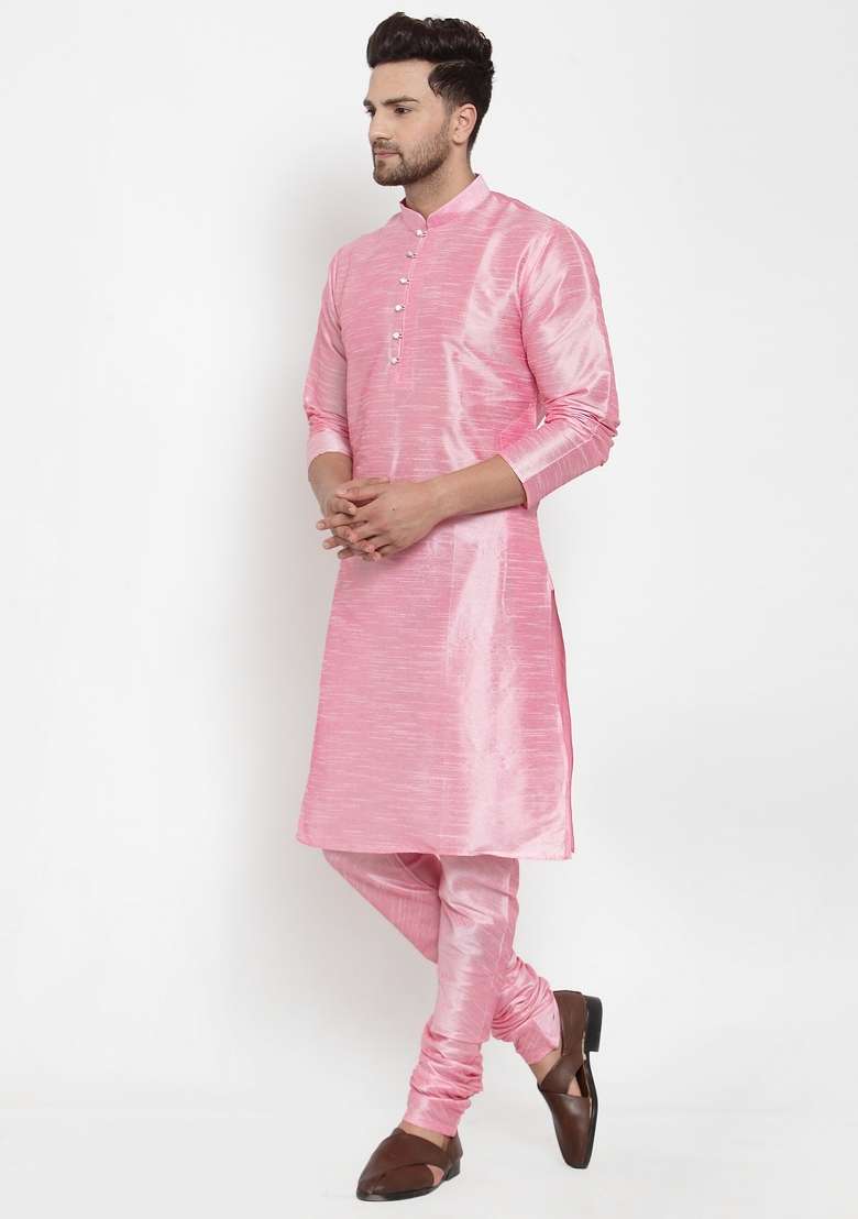 Pink Solid Dupion Silk Blend Kurta Set For Men - Indya