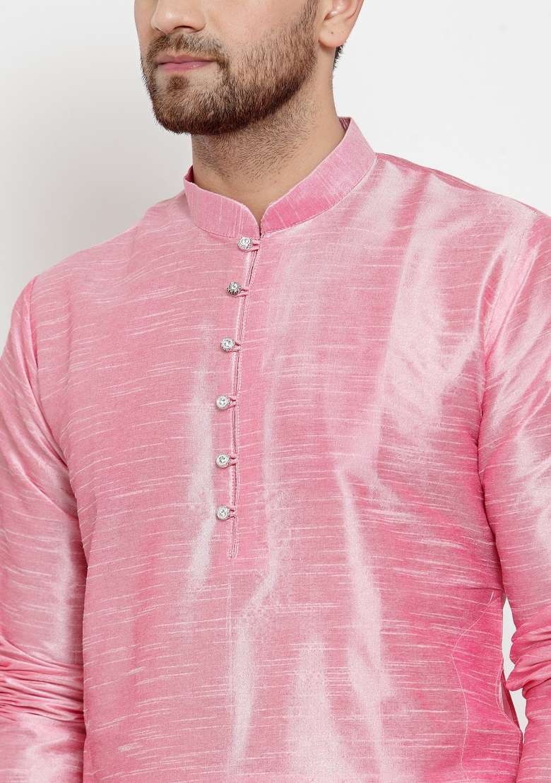 Pink Solid Dupion Silk Blend Kurta Set For Men - Indya