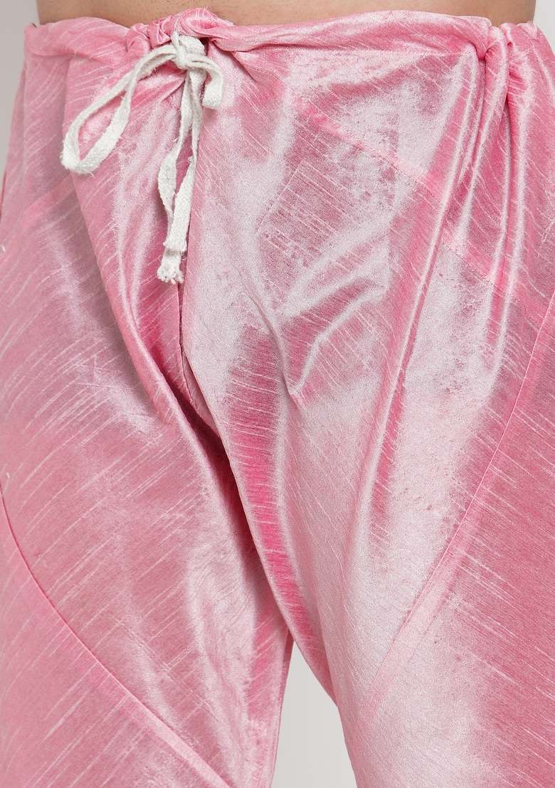 Pink Solid Dupion Silk Blend Kurta Set For Men - Indya