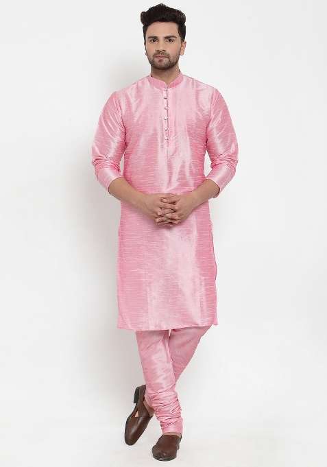 Pink Solid Dupion Silk Blend Kurta Set For Men