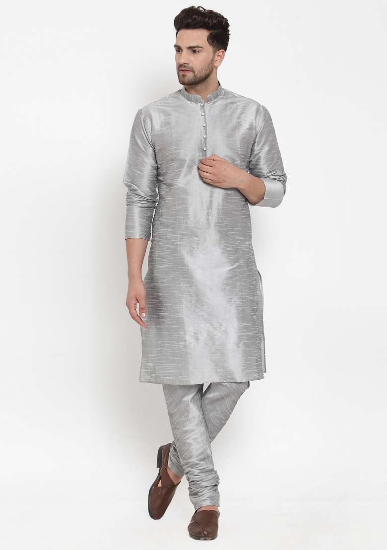 Silver Solid Dupion Silk Blend Kurta Set For Men - Indya