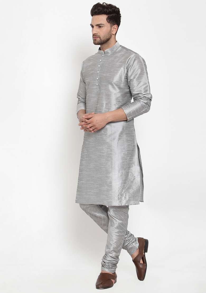 Silver Solid Dupion Silk Blend Kurta Set For Men - Indya