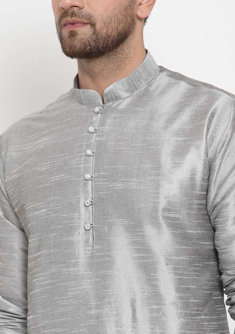 Silver Solid Dupion Silk Blend Kurta Set For Men - Indya
