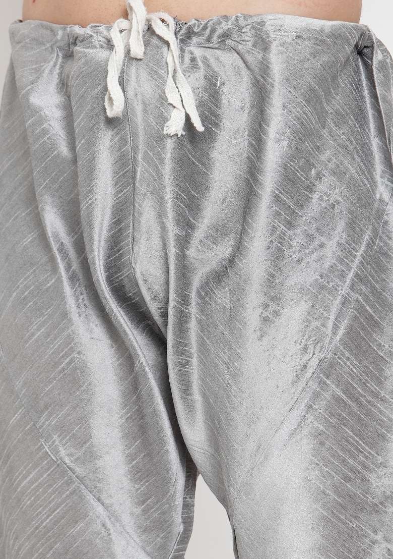 Silver Solid Dupion Silk Blend Kurta Set For Men - Indya