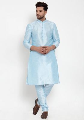 Turquoise Blue Solid Dupion Silk Blend Kurta Set For Men