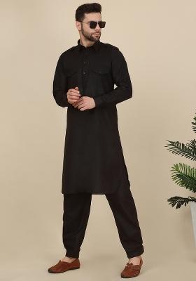 Black Solid Cotton Kurta Set For Men