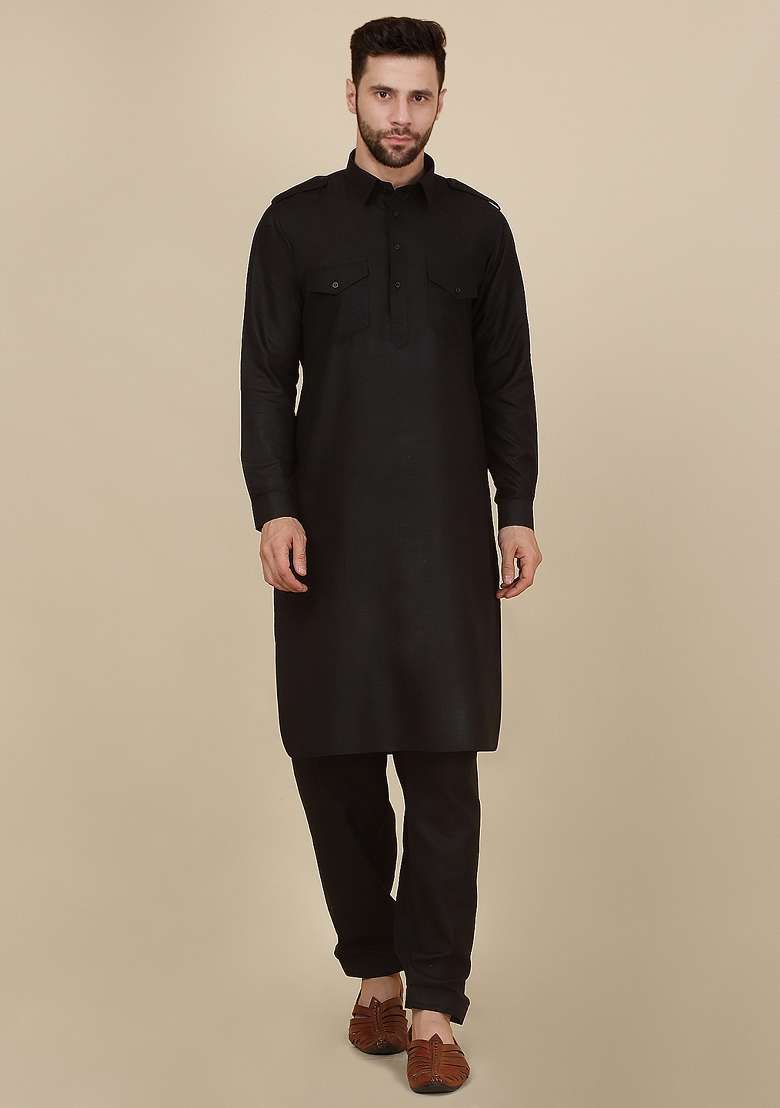 Black Solid Cotton Kurta Set For Men - Indya