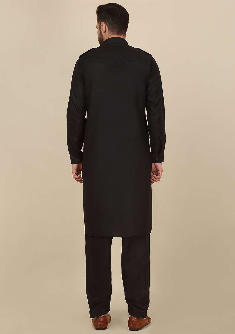 Black Solid Cotton Kurta Set For Men - Indya