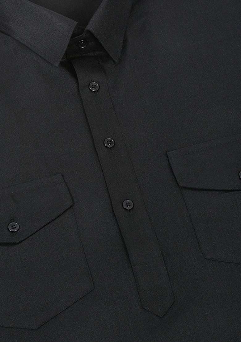Black Solid Cotton Kurta Set For Men - Indya