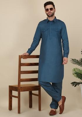 Blue Solid Cotton Kurta Set For Men