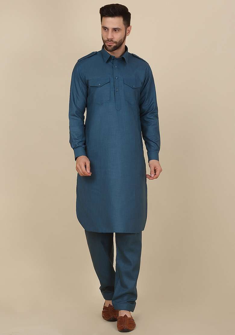 Blue Solid Cotton Kurta Set For Men - Indya