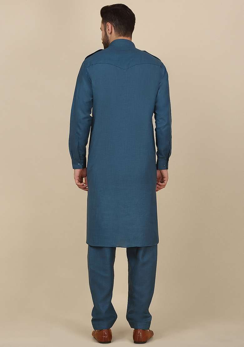 Blue Solid Cotton Kurta Set For Men - Indya
