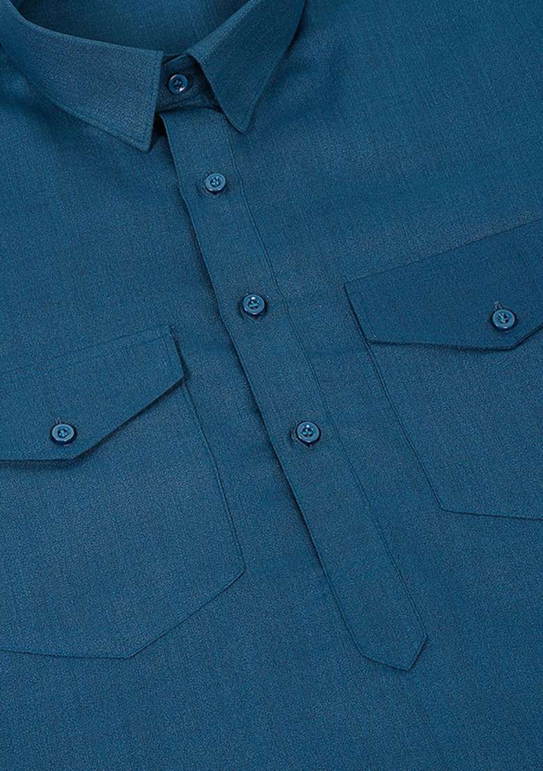 Blue Solid Cotton Kurta Set For Men - Indya