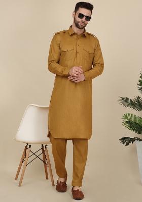 Mustard Yellow Solid Cotton Kurta Set For Men