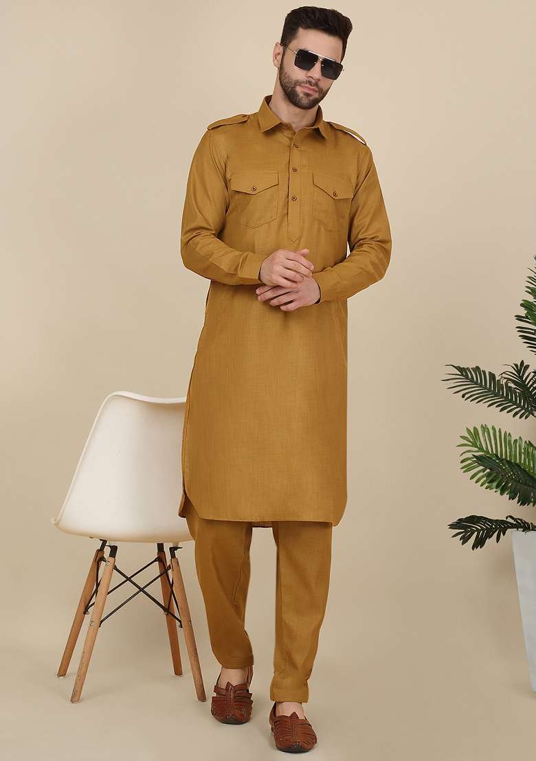 Mustard Yellow Solid Cotton Kurta Set For Men - Indya