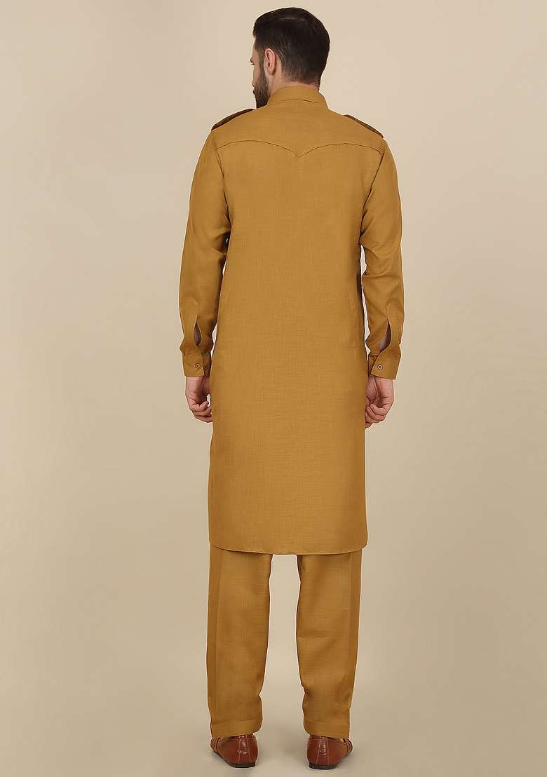 Mustard Yellow Solid Cotton Kurta Set For Men - Indya