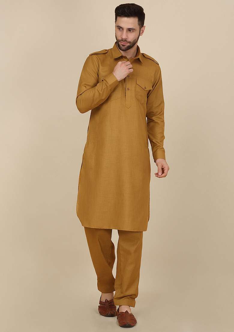 Mustard Yellow Solid Cotton Kurta Set For Men - Indya