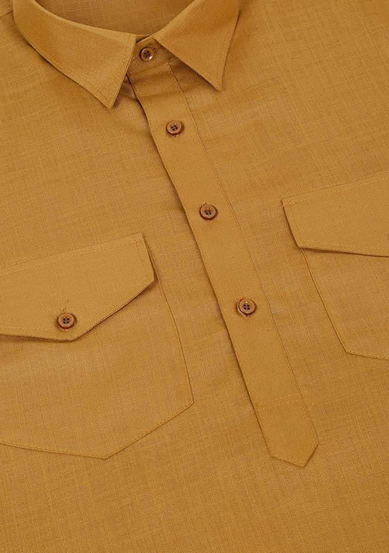 Mustard Yellow Solid Cotton Kurta Set For Men - Indya