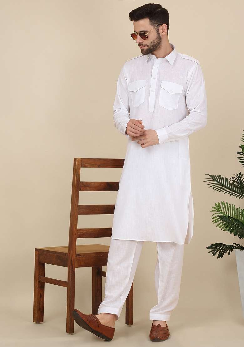 White Solid Cotton Kurta Set For Men - Indya