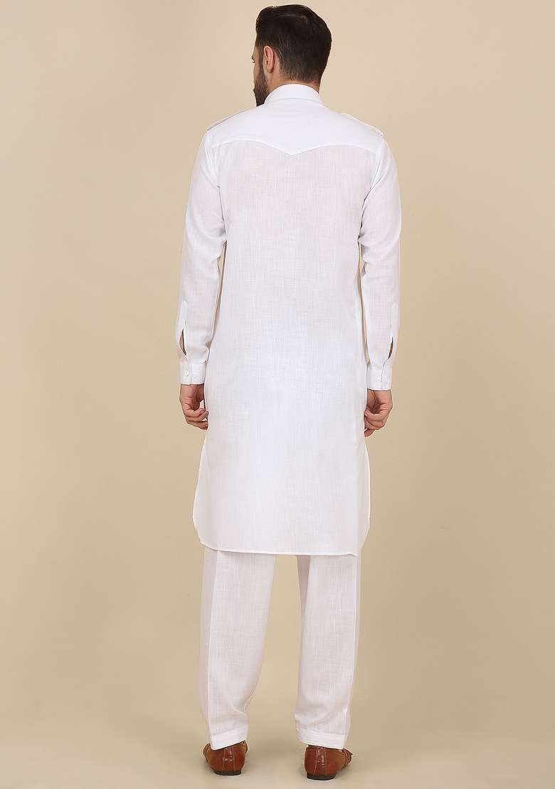 White Solid Cotton Kurta Set For Men - Indya
