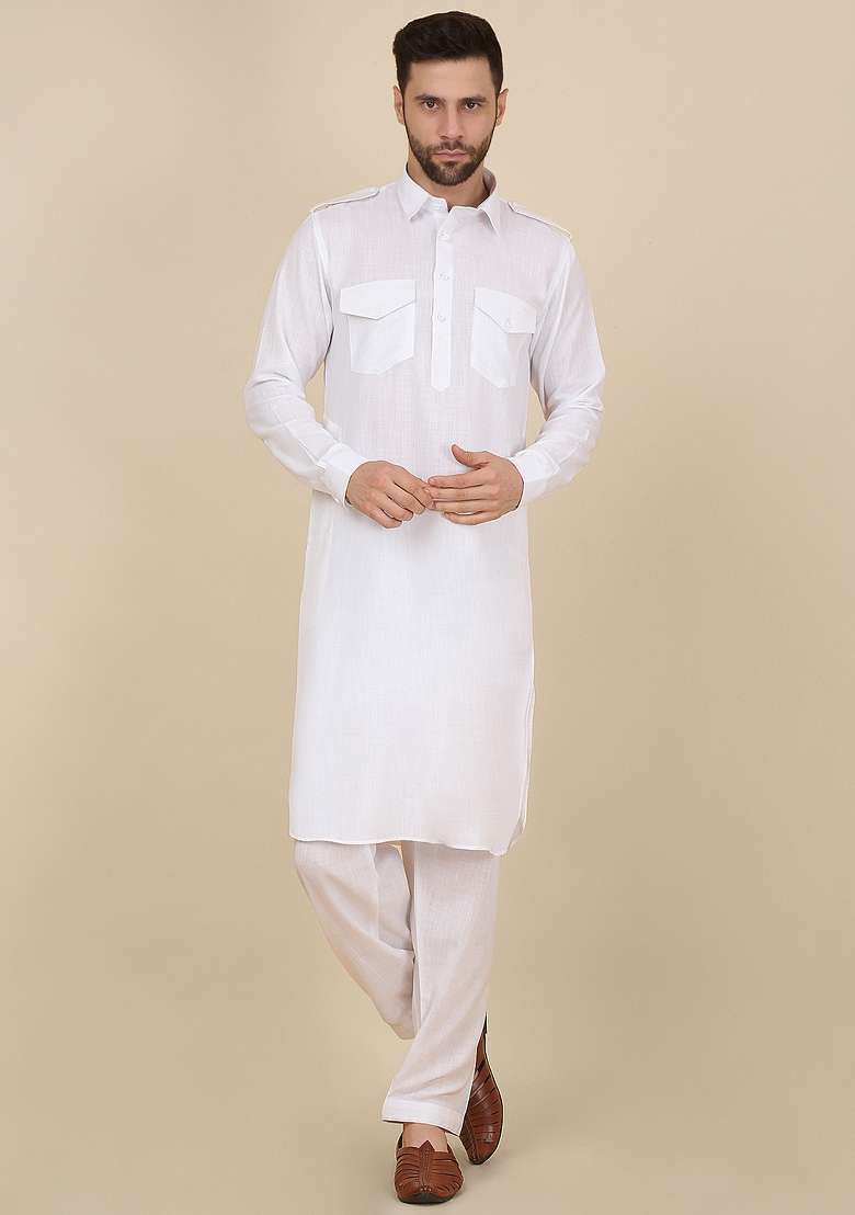 White Solid Cotton Kurta Set For Men - Indya