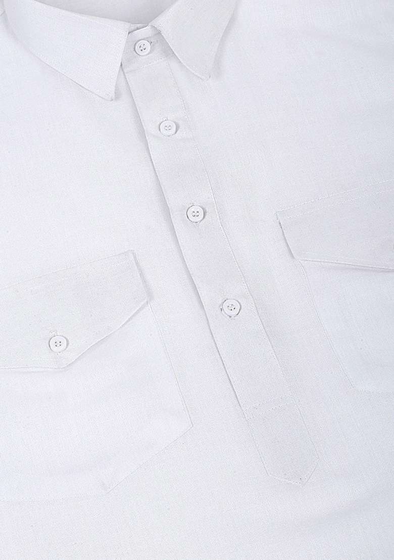White Solid Cotton Kurta Set For Men - Indya