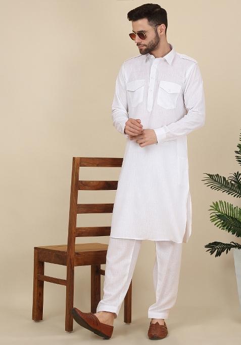 White Solid Cotton Kurta Set For Men