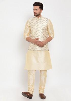 Beige And Cream Solid Dupion Silk Blend Nehru Jacket Set For Men