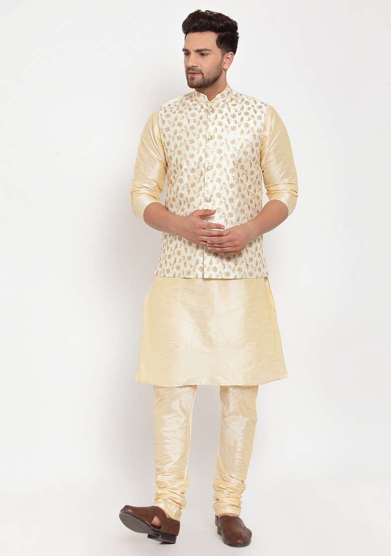 Beige And Cream Solid Dupion Silk Blend Nehru Jacket Set For Men - Indya