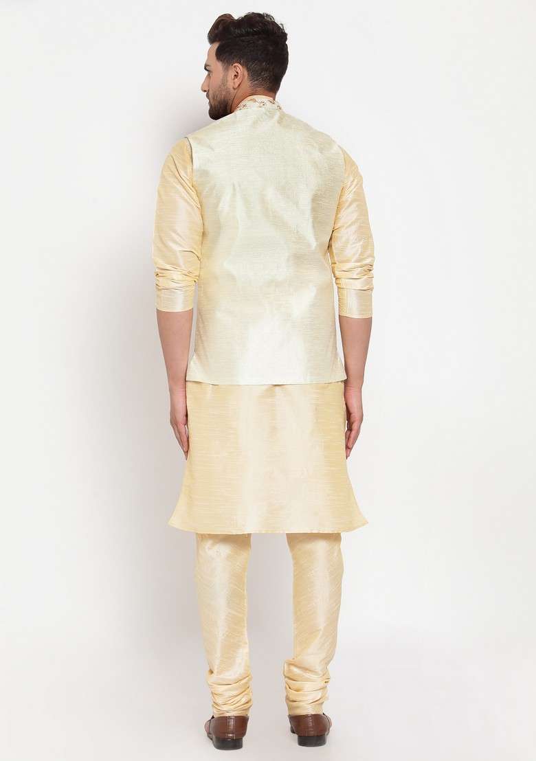 Beige And Cream Solid Dupion Silk Blend Nehru Jacket Set For Men - Indya