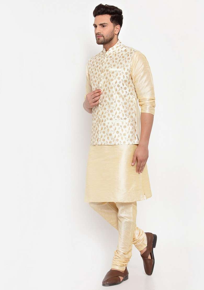 Beige And Cream Solid Dupion Silk Blend Nehru Jacket Set For Men - Indya