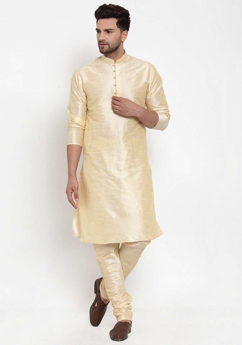 Beige And Cream Solid Dupion Silk Blend Nehru Jacket Set For Men - Indya