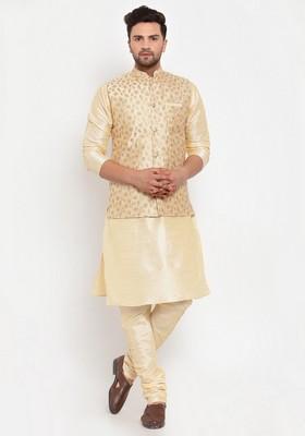 Beige And Beige Solid Dupion Silk Blend Nehru Jacket Set For Men