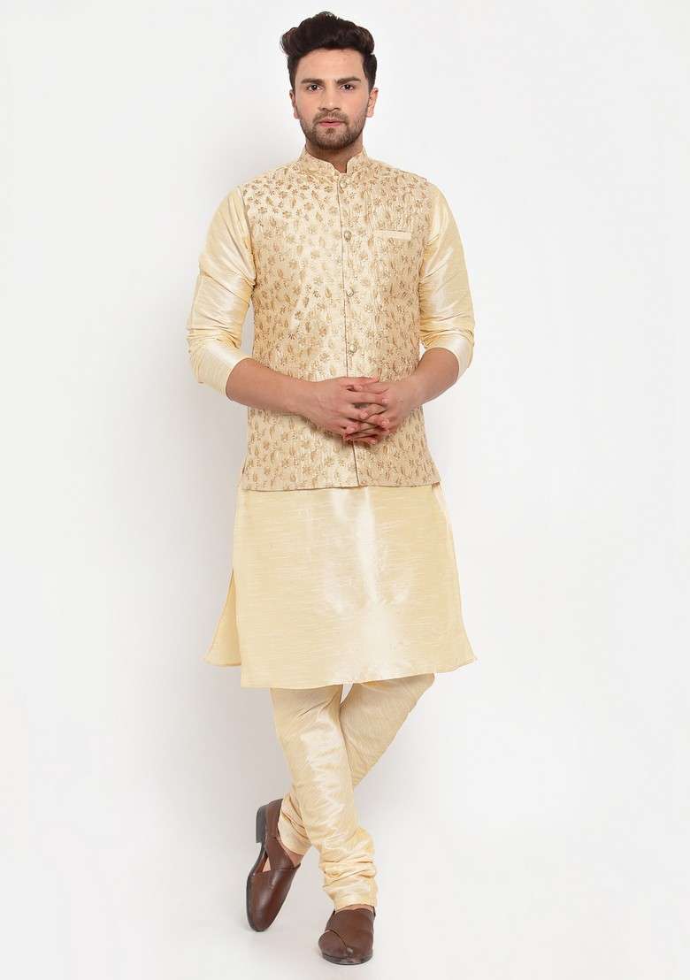 Beige And Beige Solid Dupion Silk Blend Nehru Jacket Set For Men - Indya
