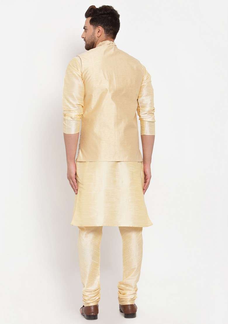 Beige And Beige Solid Dupion Silk Blend Nehru Jacket Set For Men - Indya