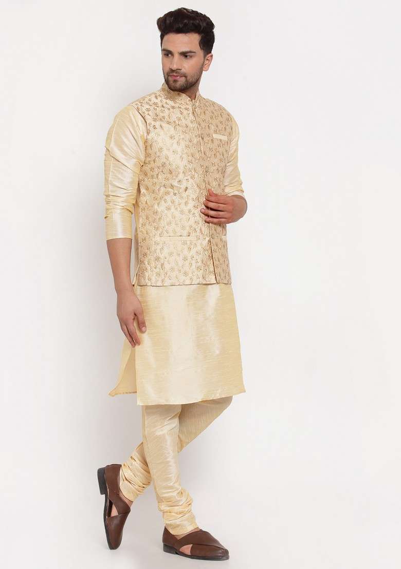 Beige And Beige Solid Dupion Silk Blend Nehru Jacket Set For Men - Indya