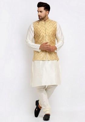 Cream And Beige Solid Dupion Silk Blend Nehru Jacket Set For Men