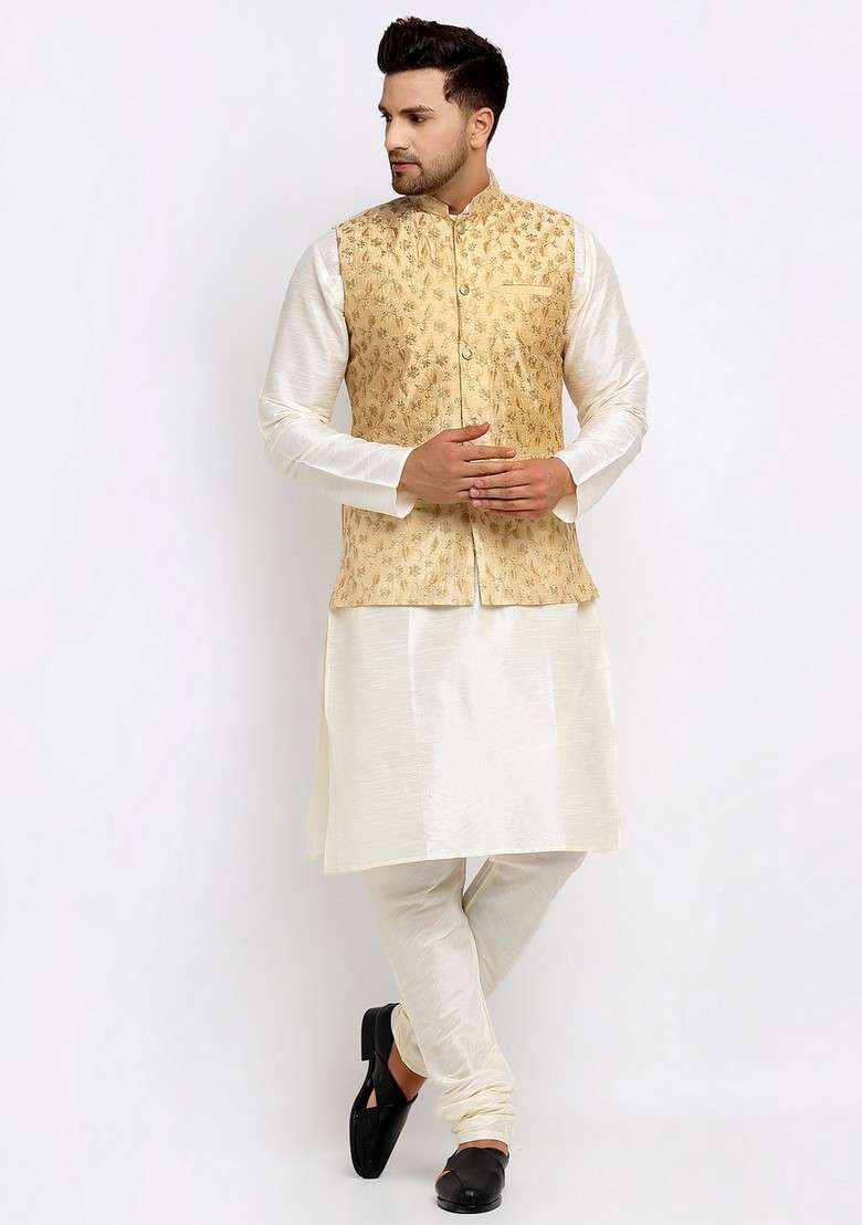 Cream And Beige Solid Dupion Silk Blend Nehru Jacket Set For Men - Indya