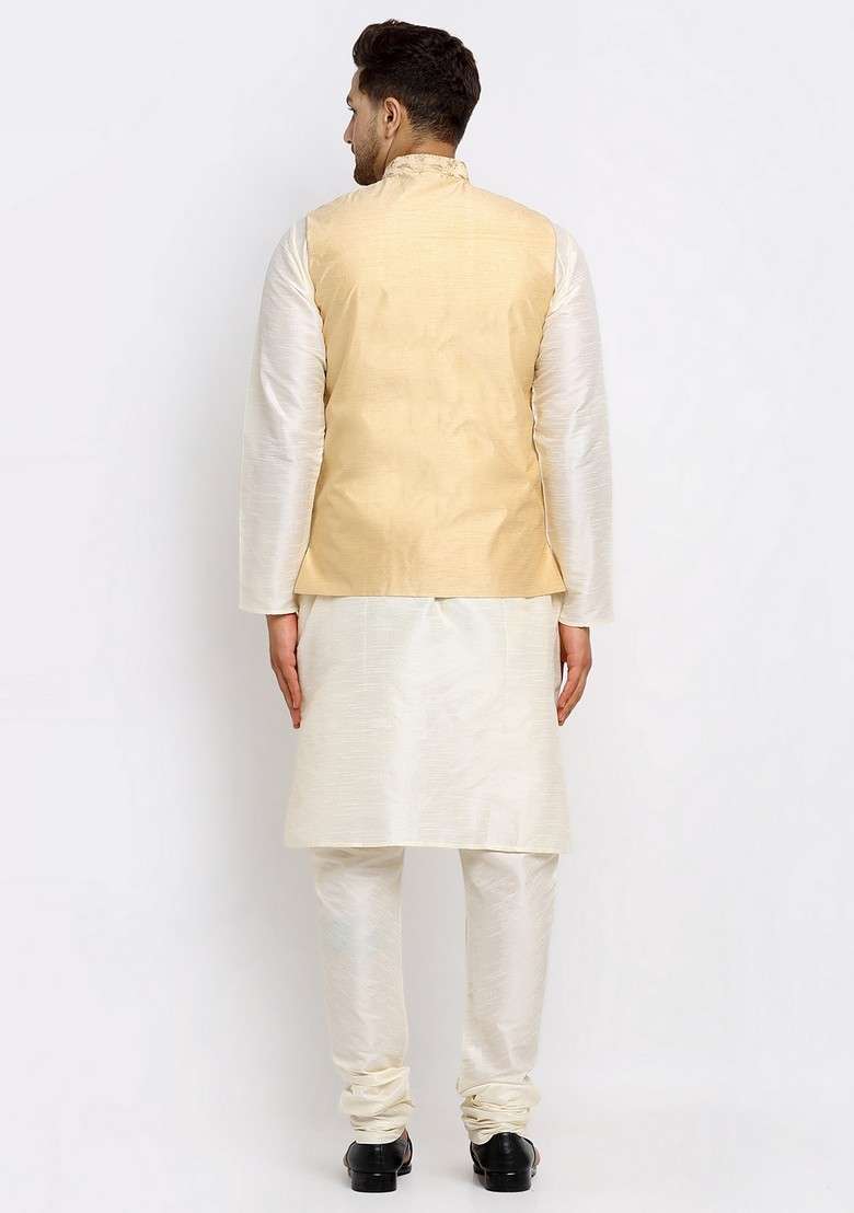 Cream And Beige Solid Dupion Silk Blend Nehru Jacket Set For Men - Indya